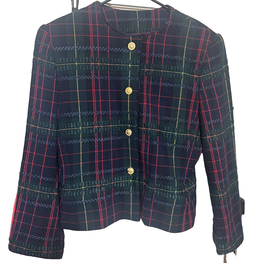 Kasper ASL Wool Plaid Blazer 14 Navy blue green Jacket Old Money Gold buttons
